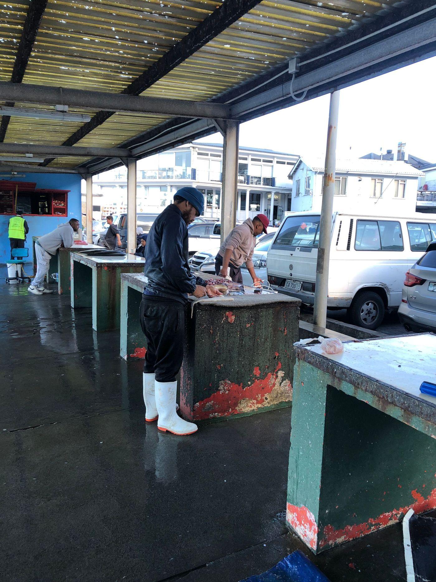 Fish vendors working at an outdoor seafood market